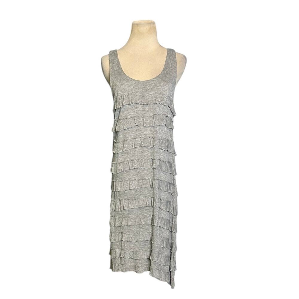 Camellia Gray Tiered Ruffle Knit Scoop Neck Sheath Midi Dress Size Large